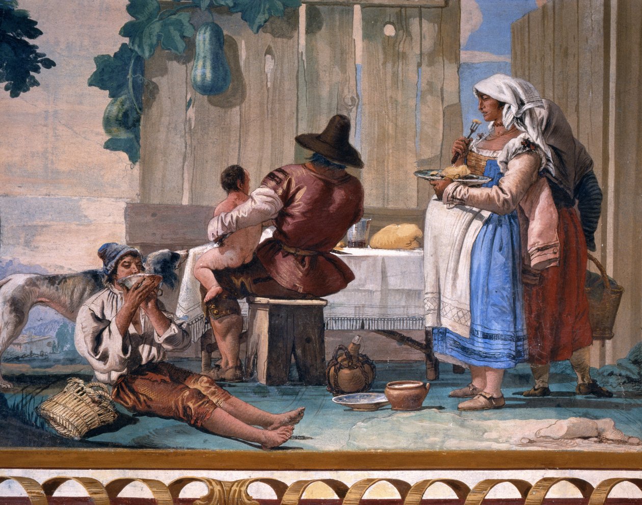 الفلاحون يأكلون خارج الأبواب ، من فورستيريا (دار ضيافة) 1757 بواسطة جيوفاني دومينيكو تيبولو