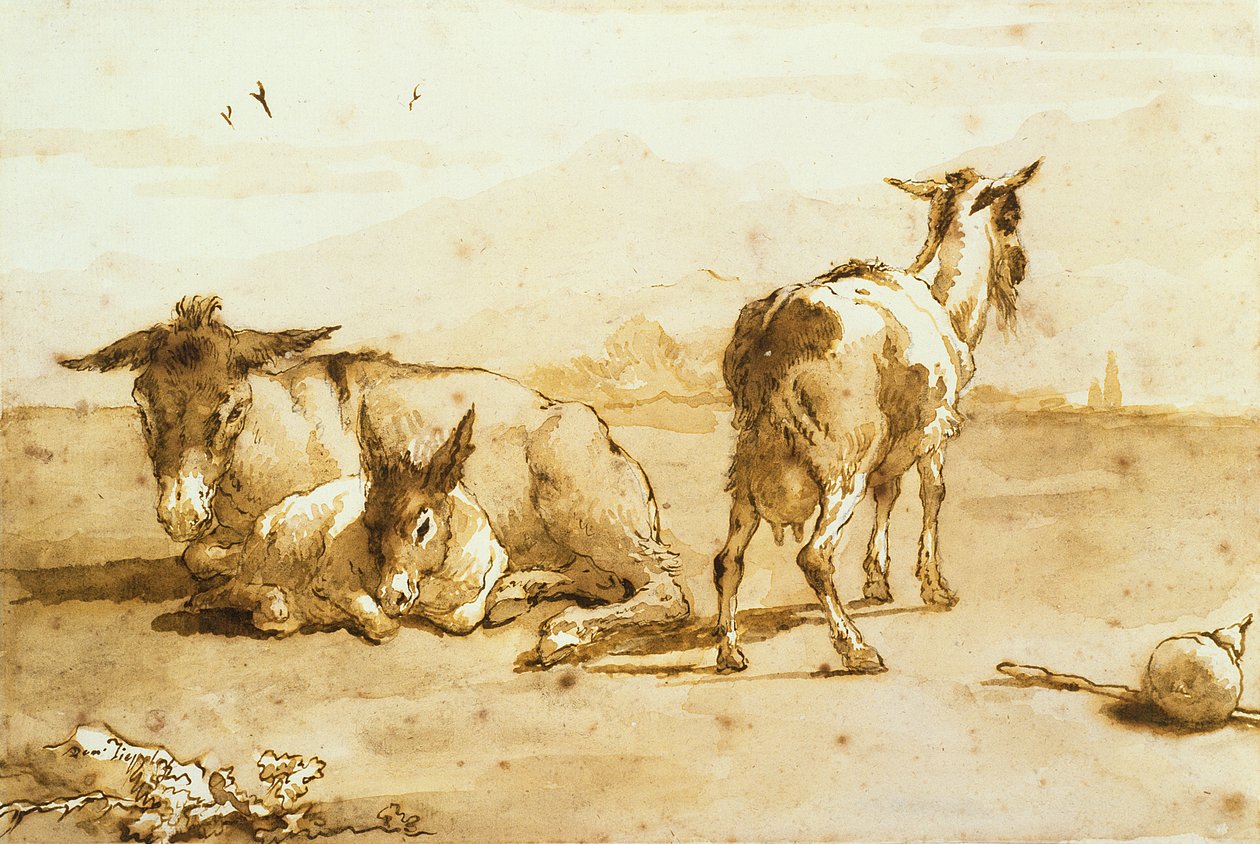 PD.32-1959 اثنين من الحمير والماعز في المناظر الطبيعية (القلم والحبر البني مع غسل على الورق) بواسطة جيوفاني دومينيكو تيبولو