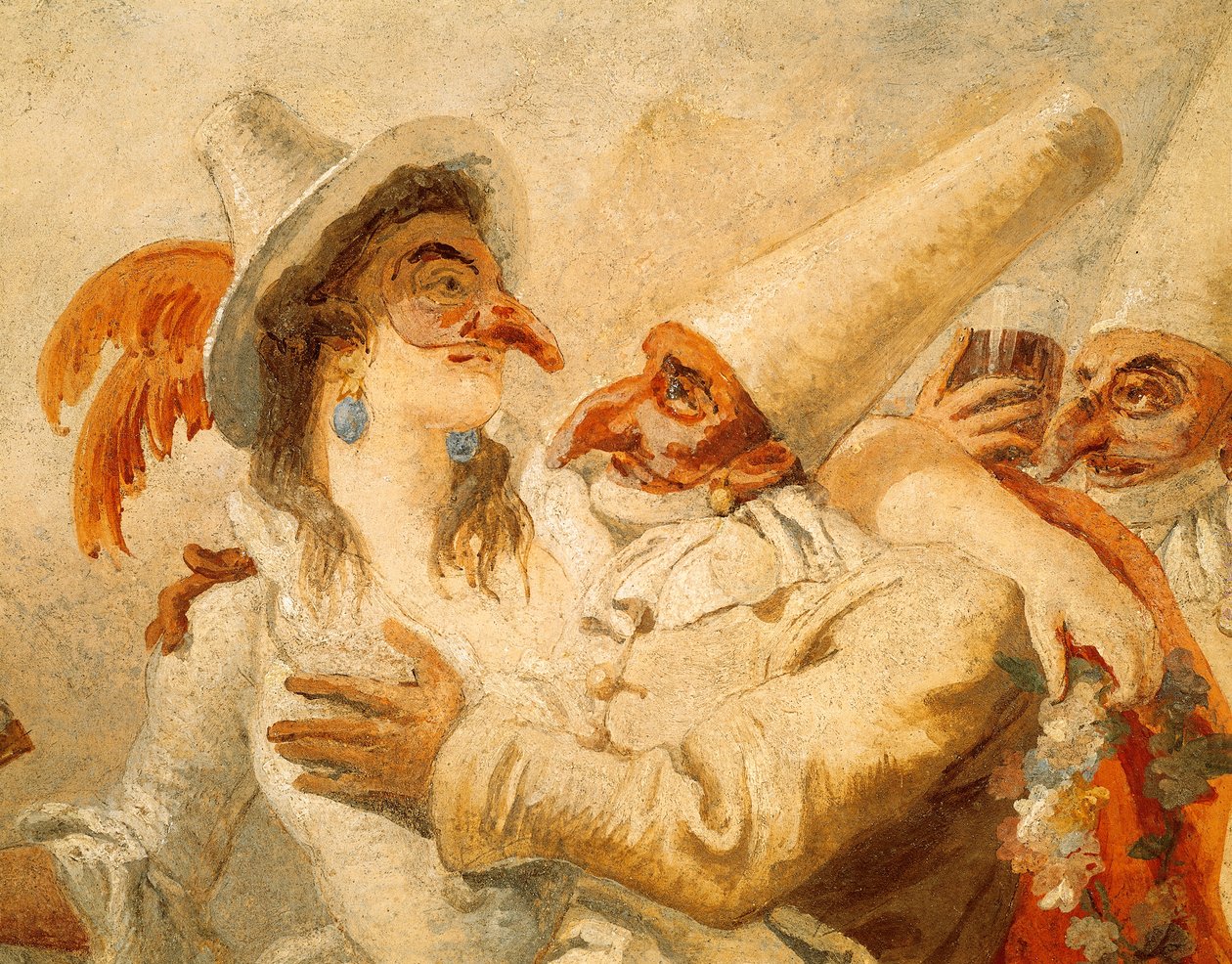 كرنفال لجياندومينيكو تيبولو (1727-1804) ، لوحة جدارية ، تفاصيل مع ثلاثة أقنعة ، كا ريزونيكو بالازو ، البندقية بواسطة Giandomenico (1727 1804) Tiepolo
