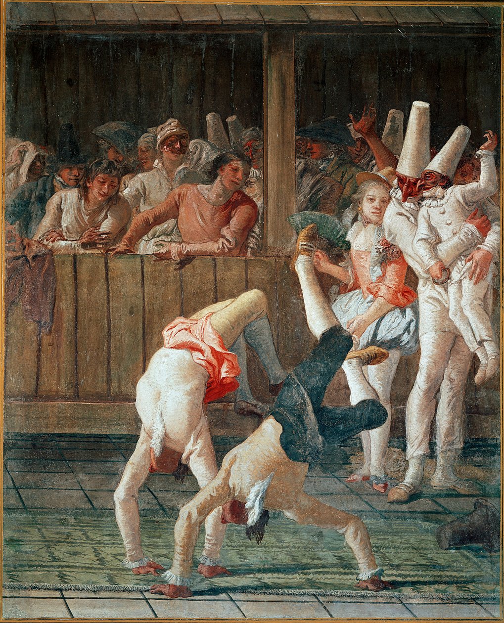 Commedia dell'arte: "" البهلوانيون (Polichinelle أو Pulcinella والأكروبات) اللوحة بواسطة Giandomenico Tiepolo (1727-1804) 1793 تقريبًا. شمس. 196x160 سم Ca 'Rezzonico ، البندقية بواسطة جيوفاني دومينيكو تيبولو