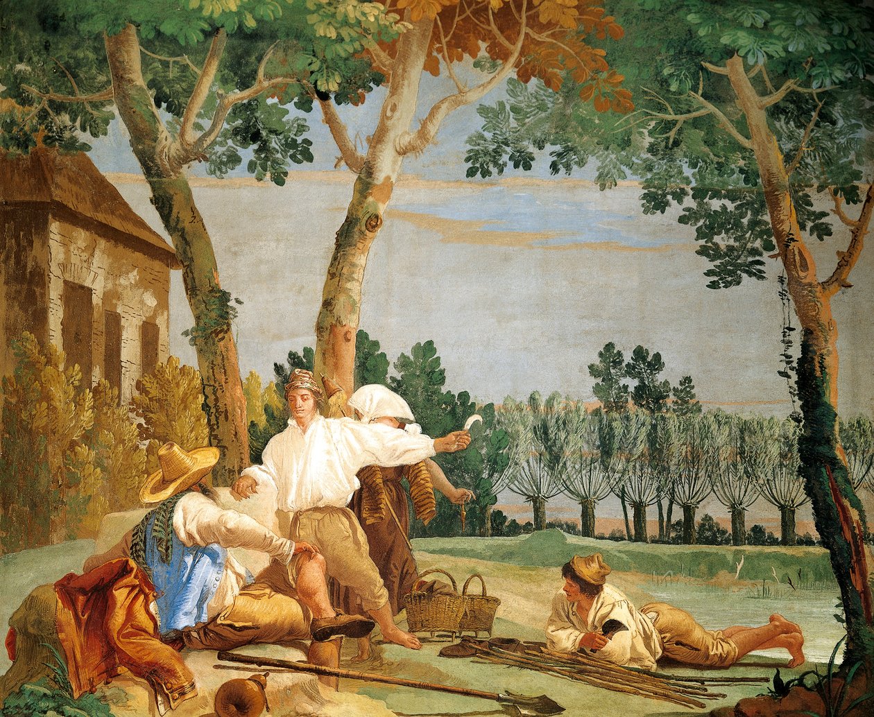 Peasants at Rest ، بقلم Giandomenico Tiepolo (1727-1804) ، لوحة جدارية ، غرفة المشاهد الريفية في Foresteria (دار ضيافة) ، Villa Valmarana 