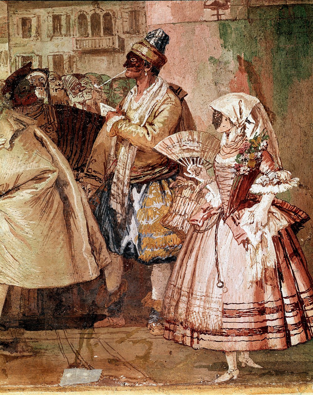 أقنعة البندقية تفاصيل لوحة جدارية بقلم جياندومينيكو تيبولو (1727-1804) من القرن الثامن عشر ، فيسينزا ، فيلا فالمارانا بواسطة جياندومينيكو تيبولو