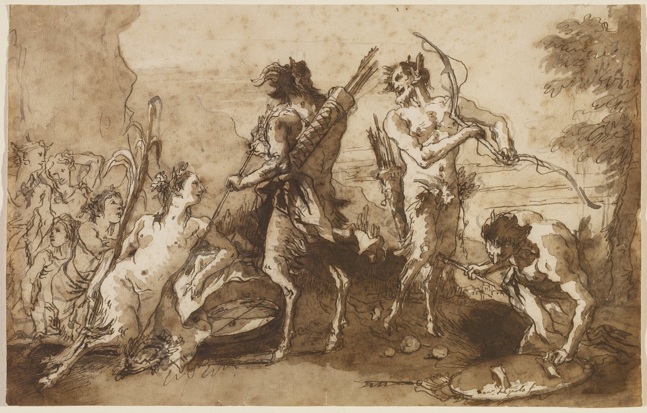 Satyrs and Satyresses in a Landscape ، c.1770 (حبر قلم حديدي ومرن مع يغسل بني ورمادي على ورق مضغوط) بواسطة جيوفاني دومينيكو تيبولو
