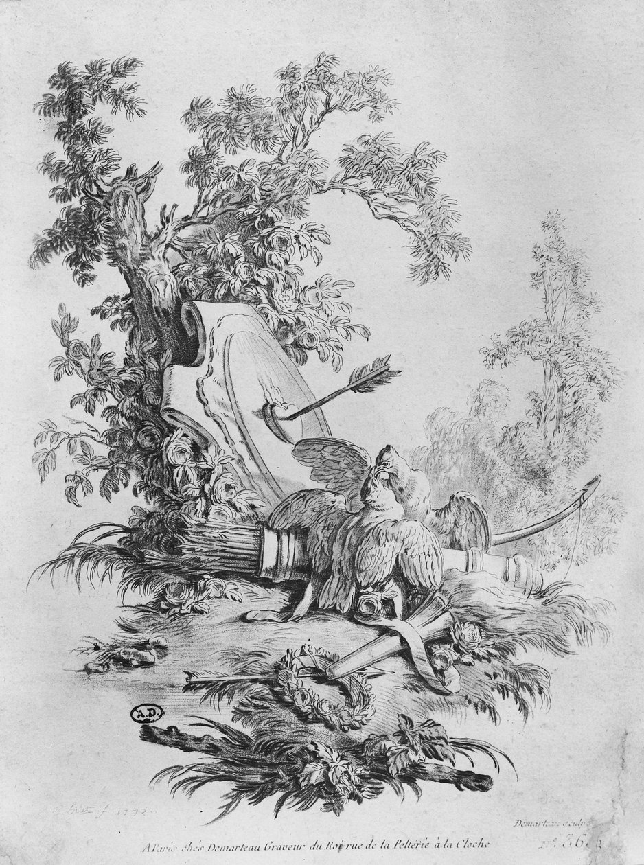 الحمامان ، رسم توضيحي لـ "Fables de la Fontaine" ، 1772 بواسطة جايلز ديمارتو