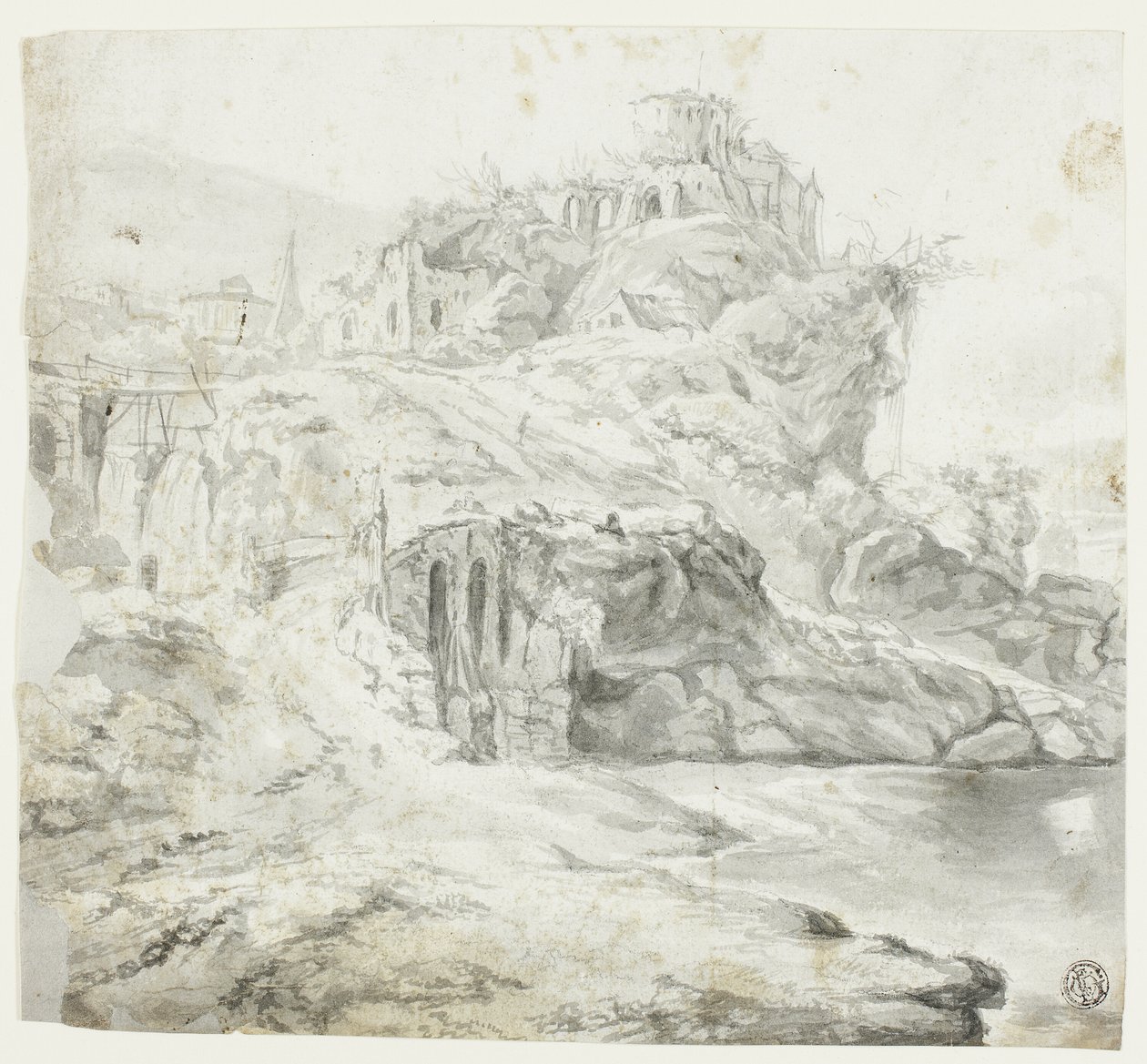 رعن صخري مع أطلال وشلالات (الوجه) ؛ رسم تخطيطي لمنحدر مع مبانٍ (الوجه) بواسطة جايلز إدم بيتي