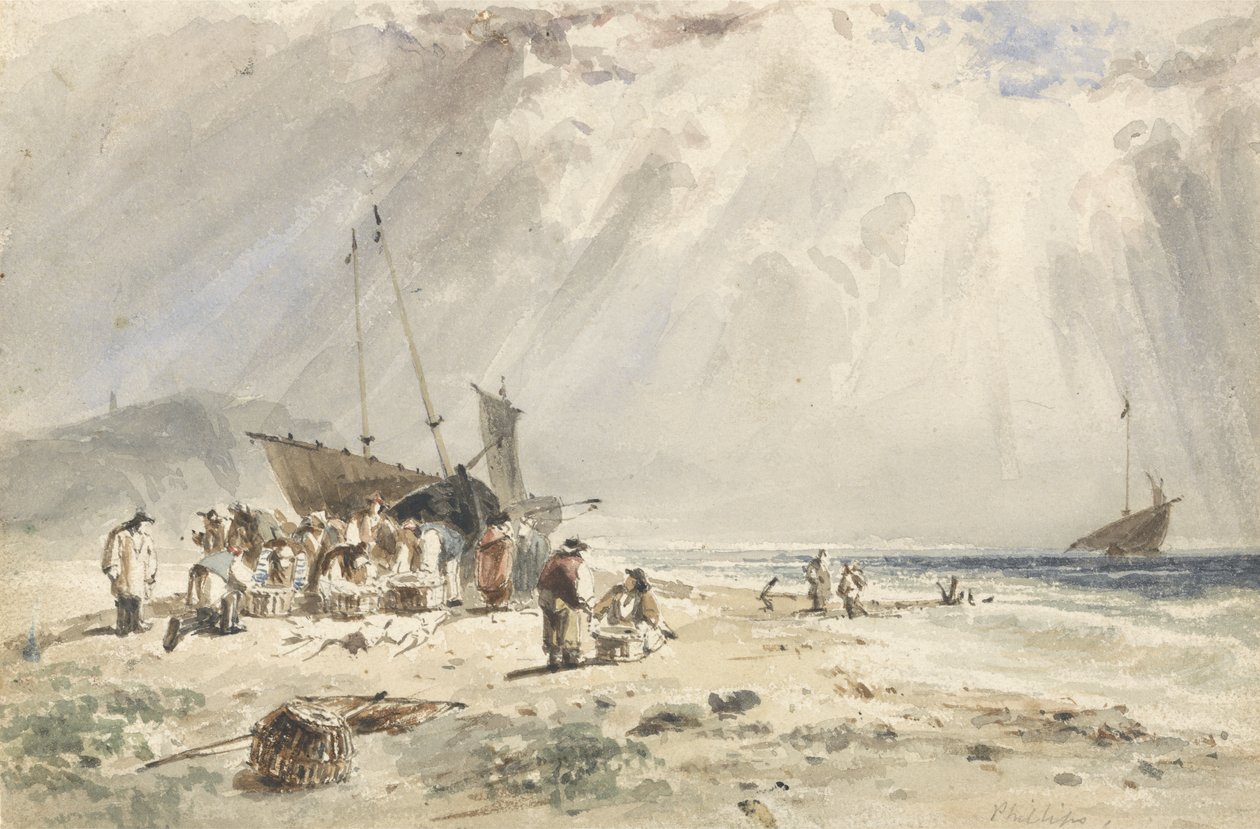 Fishmarket على الشاطئ (مرحاض فوق الجرافيت على الورق) بواسطة جايلز فيرمان فيليبس