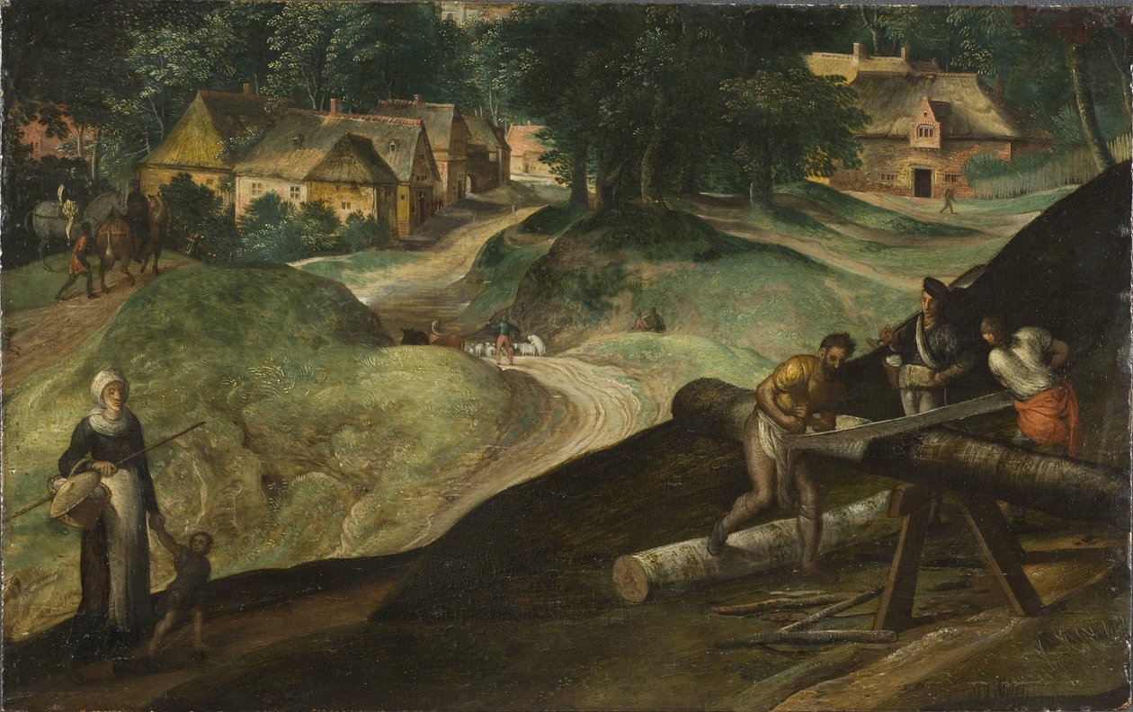 منظر طبيعي مع رجال ينشرون الأخشاب ، بقلم موستارت ، جيليس (1534-1598). زيت على خشب بواسطة جيليس موسترت