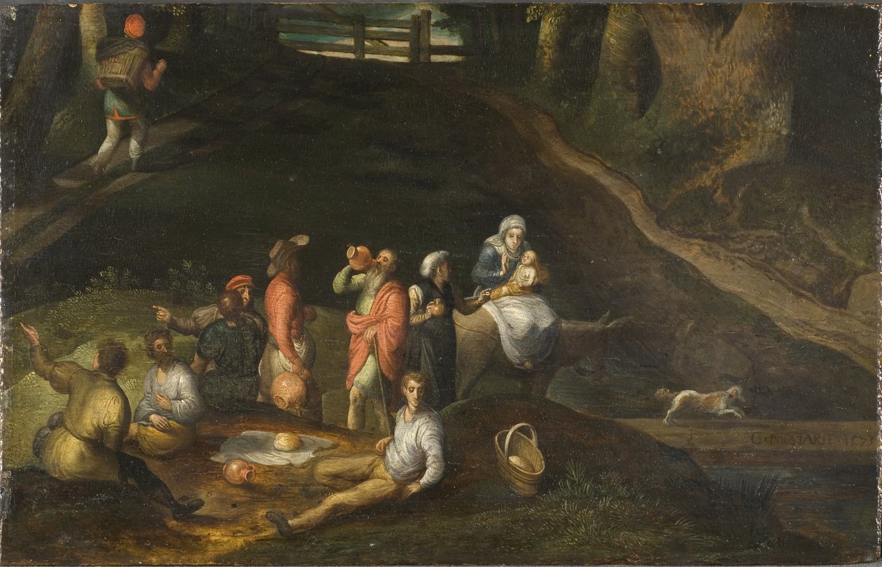 Paysage avec la Sainte Famille - منظر طبيعي مع العائلة المقدسة ، بقلم موستارت ، جيليس (1534-1598). زيت على خشب بواسطة جيليس موسترت