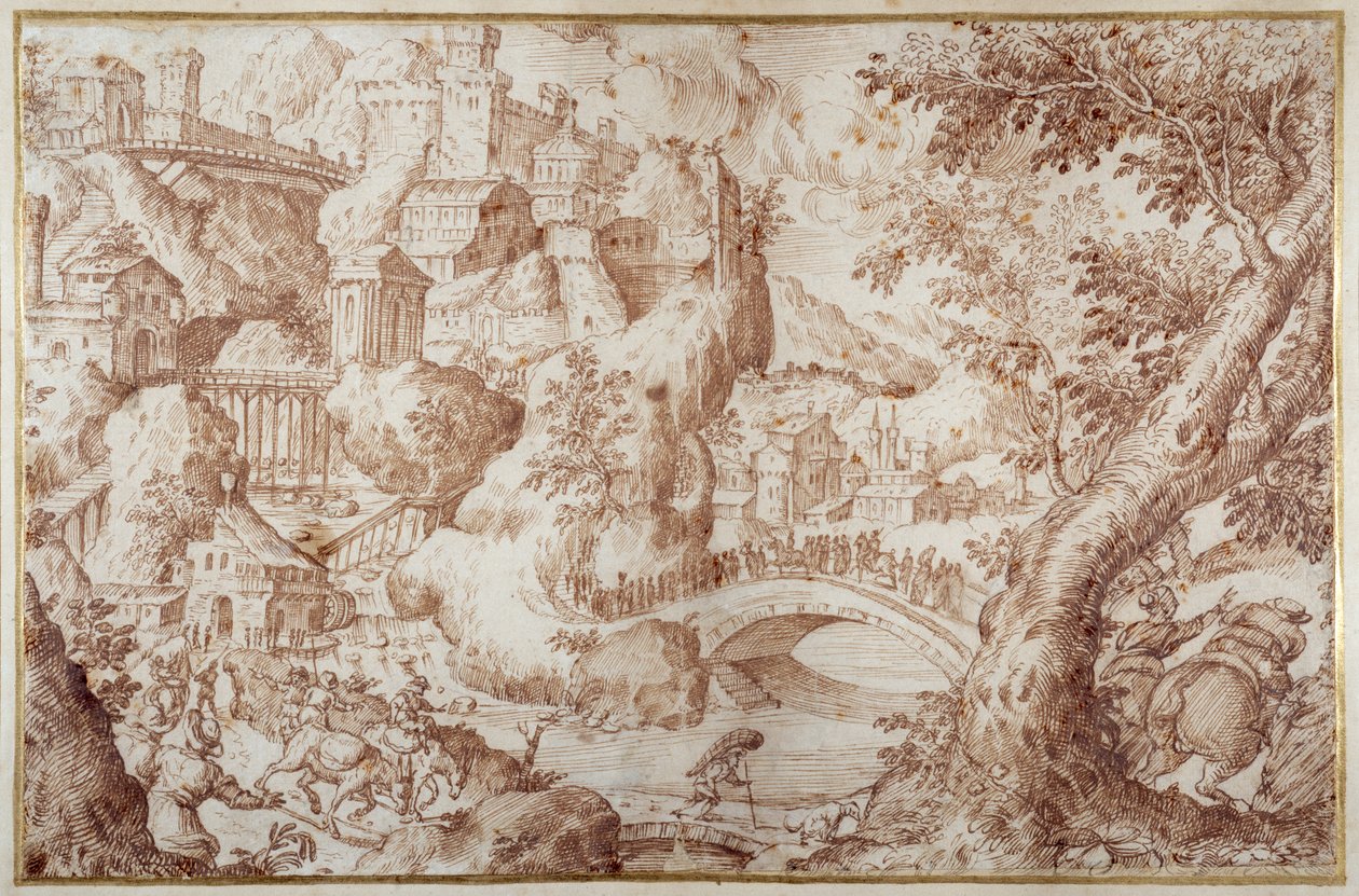 Fantastic mountainous landscape with bridges spanning rvines, a city and travellers (pen & brown ink with brown wash) بواسطة جيليس فان فالكنبورش