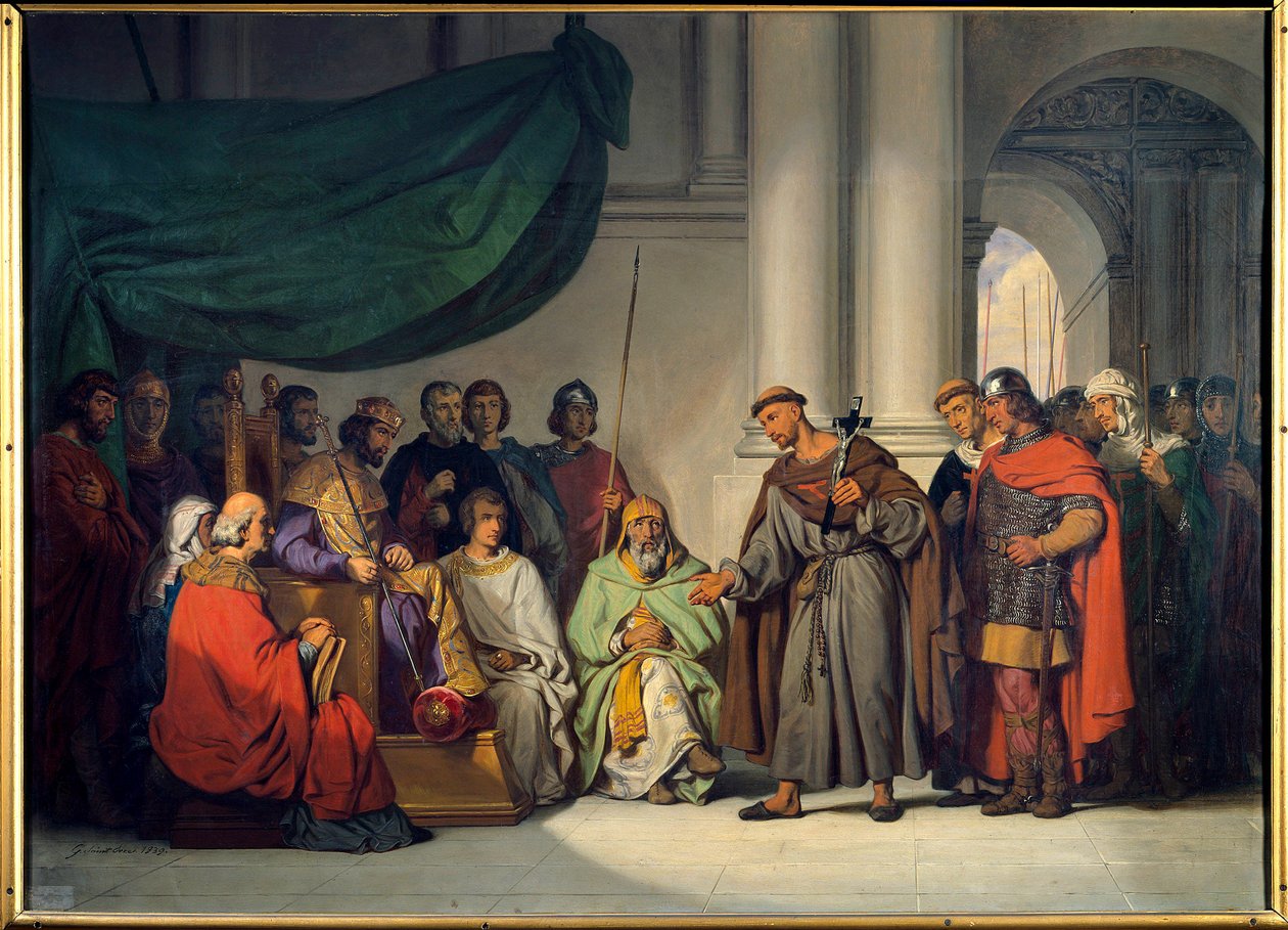 First Crusade: “” The Eastern Emperor Alexis Comnene (1048-1118) receives Peter the Hermit who came to exhort him to the Crusade in Constantinople in August 1096”” Painting by Gillot Saint Evre (1791-1858) 1839 Sun. 0,98 x 1,36 m Versailles. Chateau Museum بواسطة جيلو سانت إيفري