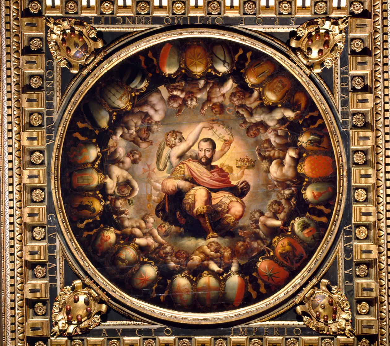 تأليه Cosimo I de &39;Medici (1519-74) من سقف Salone dei Cinquecento ، 1565 (لوحة) بواسطة جورجيو فاساري