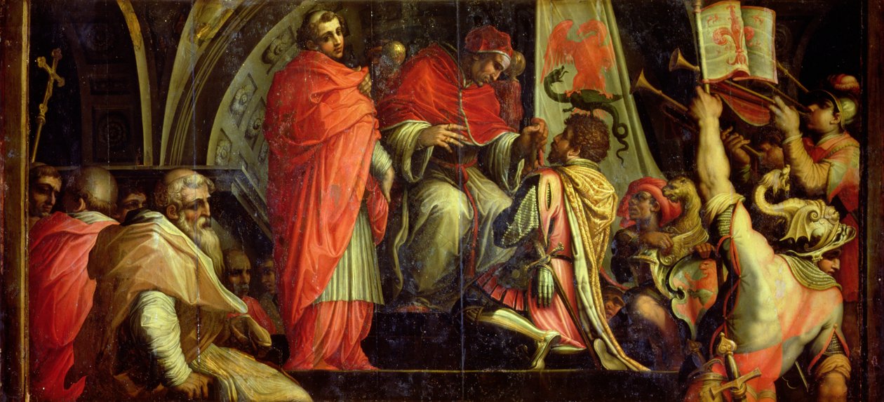 كليمنت 4 (1265-68) يسلم الأسلحة لقادة حزب جيلف من سقف Salone dei Cinquecento ، 1565 (لوحة) بواسطة جورجيو فاساري