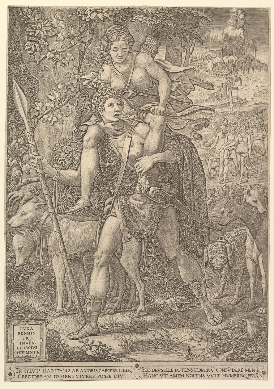 Allegory of the Hunt ، صياد يحمل رمحًا كبيرًا يحمل امرأة ديانا على حذاءه ... ، 1556. بواسطة جورجيو غيسي