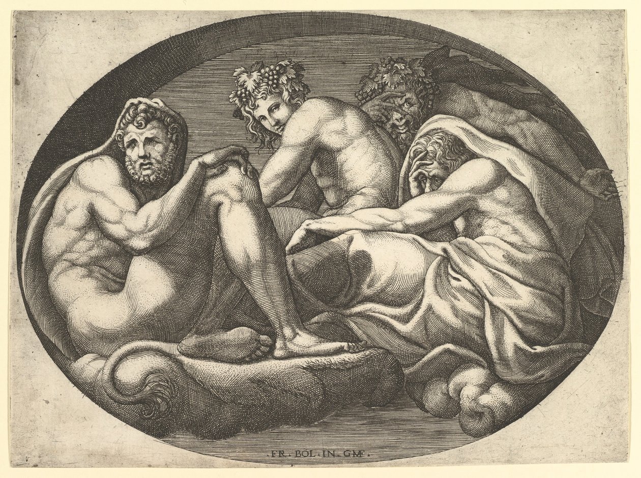 هرقل ، وباخوس ، وبان ، وزحل ، من سلسلة من ثمانية مؤلفات بعد فرانشيسكو ف ... ، 1560. بواسطة جورجيو غيسي