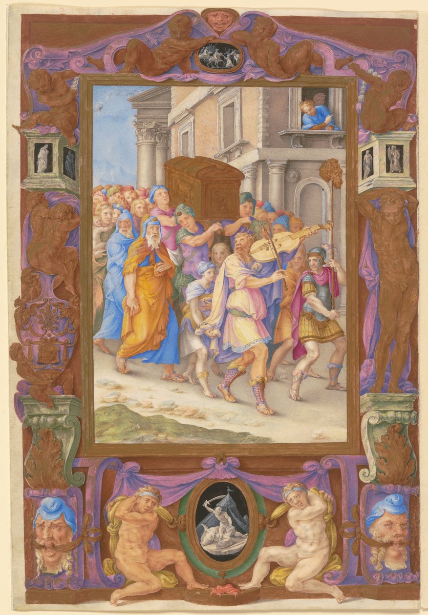 الملك داود يرقص أمام تابوت العهد، في إطار زخرفي، حوالي 1540 (ألوان مائية وألوان جسم على ورق رق) بواسطة جورجيو جوليو كلوفيو