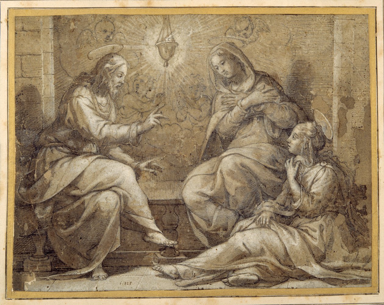 Christ in the House of Martha and Mary (pen & ink with wash & gouache, over chalk, on paper) بواسطة جورجيو فاساري