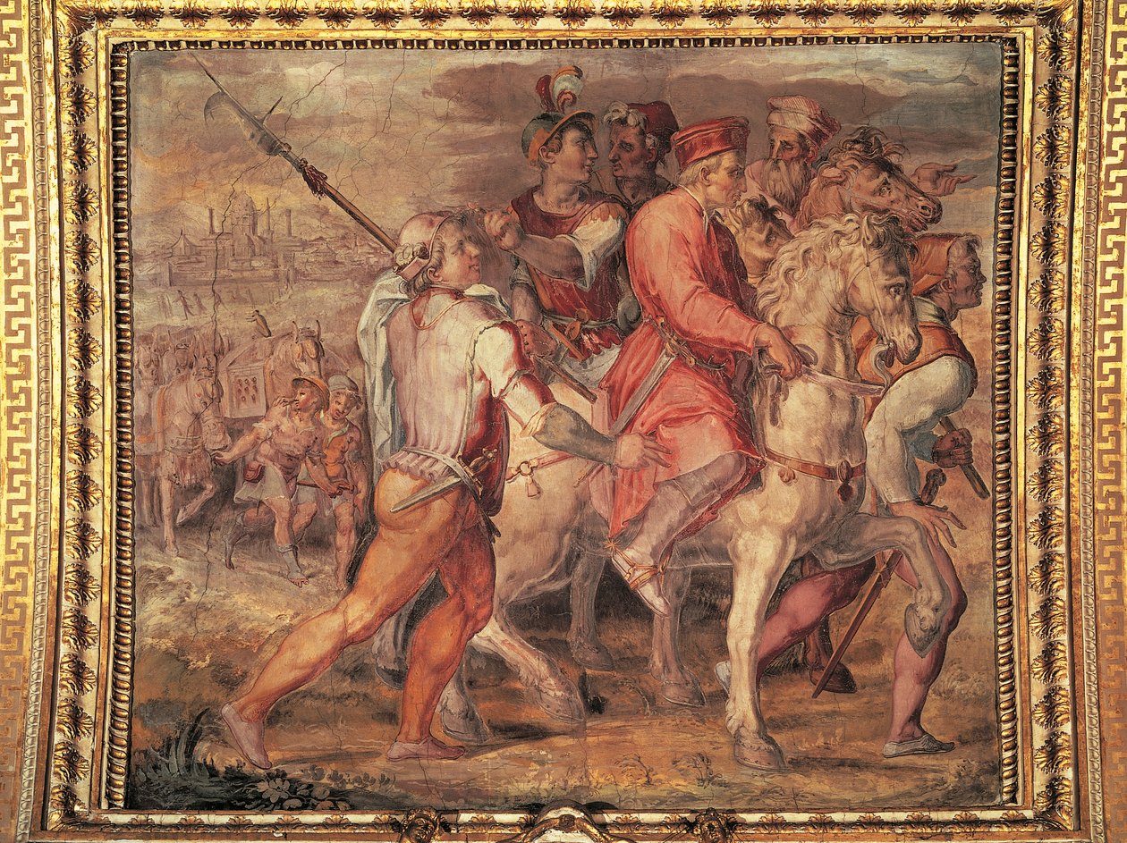 كوزيمو أنا أغادر إلى المنفى ، لوحة جدارية لجورجيو فاساري (1511-1574). Salone dei Cinquecento (قاعة الخمسمائة) ، Palazzo Vecchio ، فلورنسا. إيطاليا بواسطة جورجيو فاساري