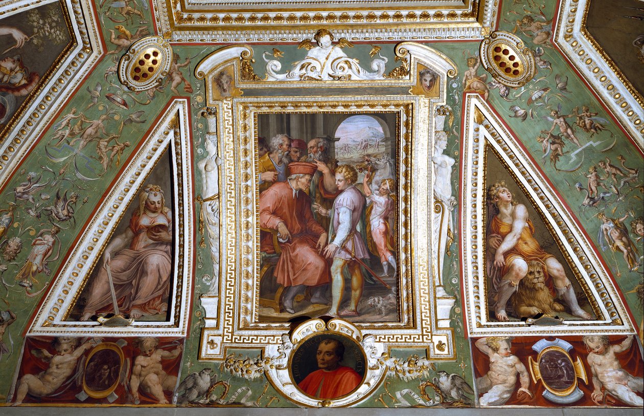 تفاصيل غرفة Cosimo de Medicis التي تمثل نفسها مع Sante Bentivoglio ، حاكم مدينة بولونيا (لوحة جدارية بواسطة جورجيو فاساري