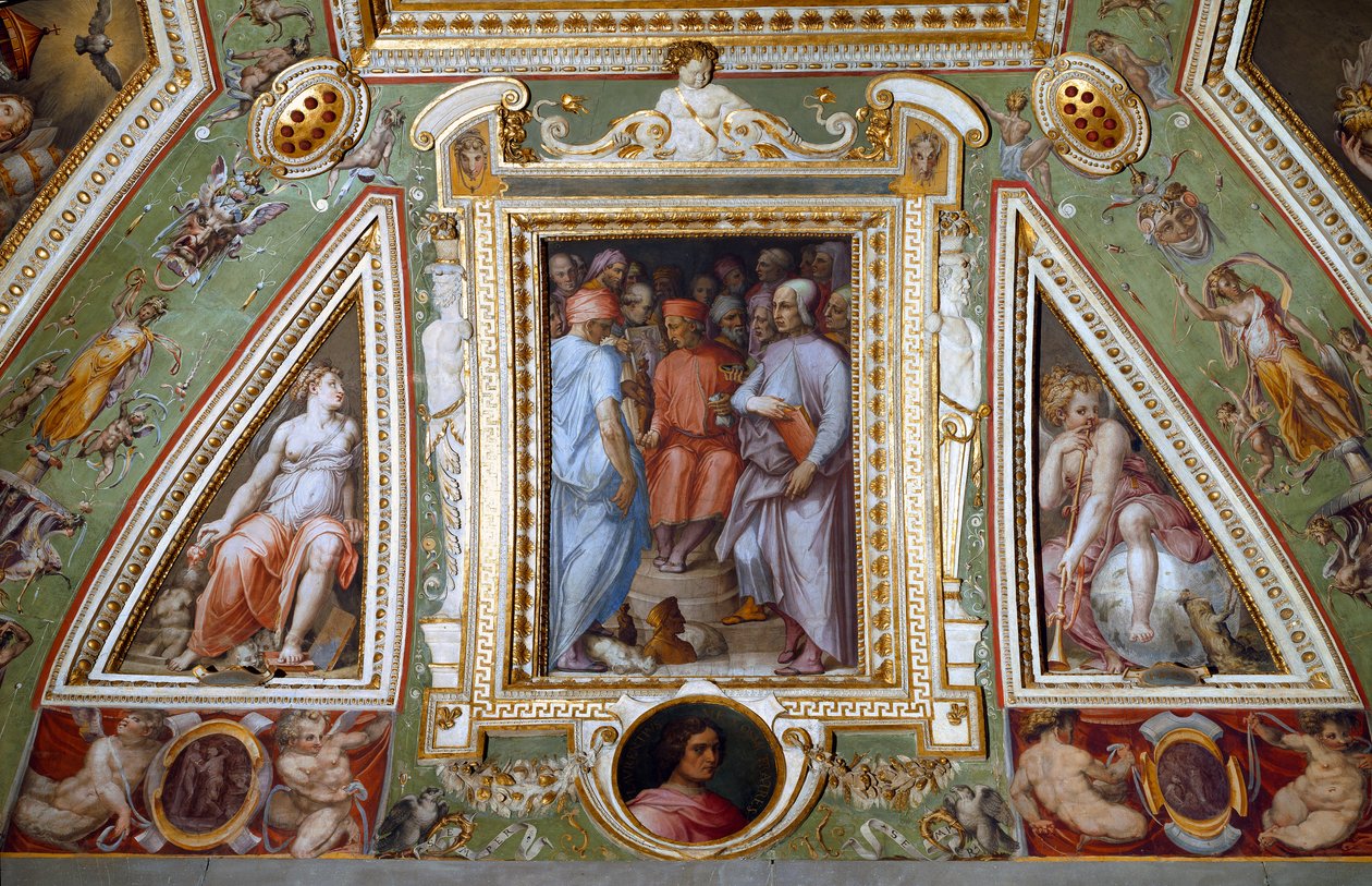 تفاصيل غرفة Cosimo de Medicis التي تمثل نفسها مع الفنانين والمثقفين (fresco بواسطة جورجيو فاساري
