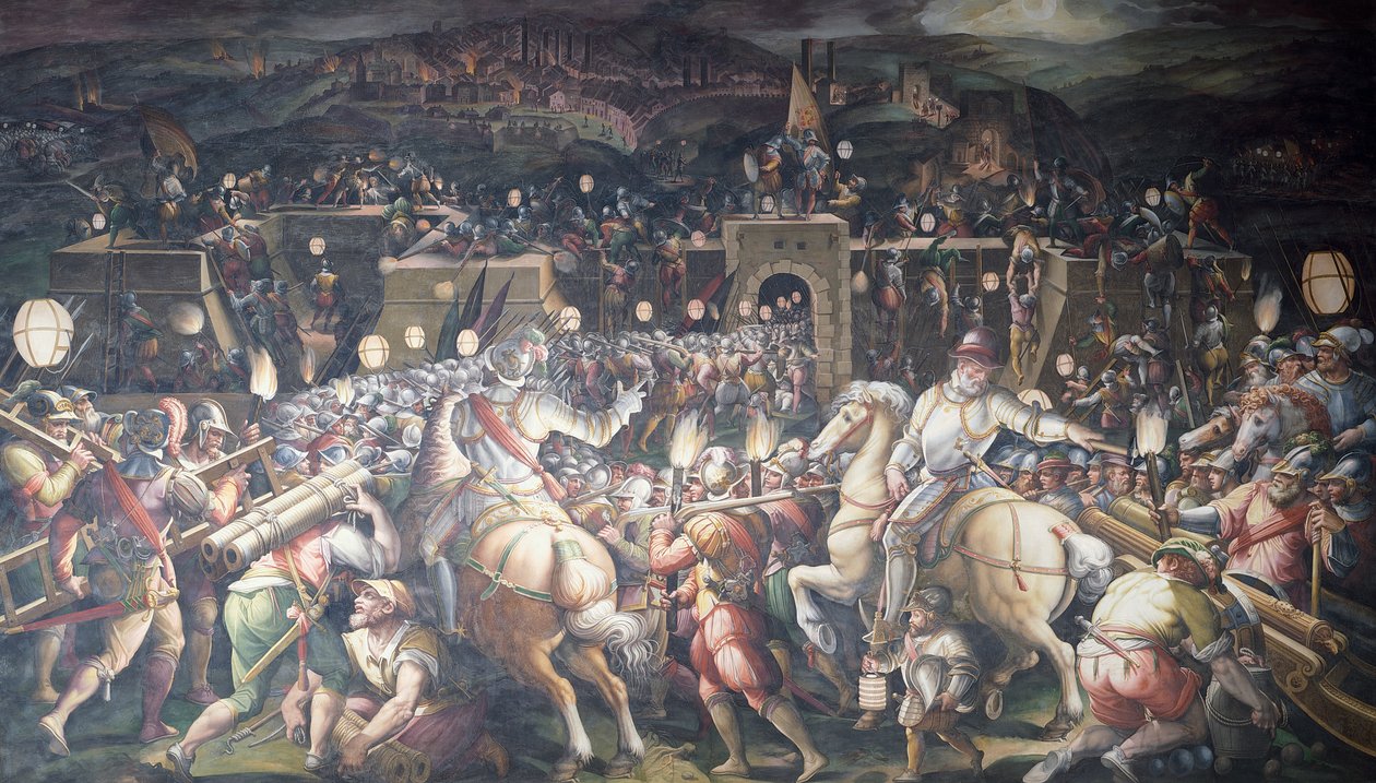 إيطاليا ، فلورنسا ، Palazzo Vecchio (القصر القديم) ، Salone dei Cinquecento ، الاستيلاء على الحصن بالقرب من Port Camollia في Siena بواسطة جورجيو فاساري