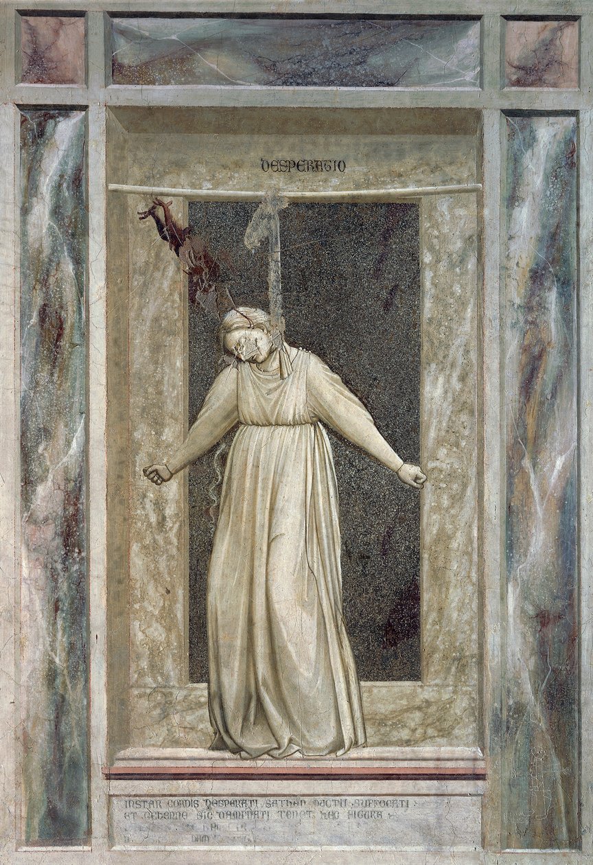 اليأس ، شخصية أنثوية تتدلى بنفسها والشيطان الذي يمسكها من شعرها ، بقلم جيوتو (1267-1337) ، تفاصيل من دورة اللوحات الجدارية الرذائل والفضائل بواسطة جيوتو (سي 1266 1337)