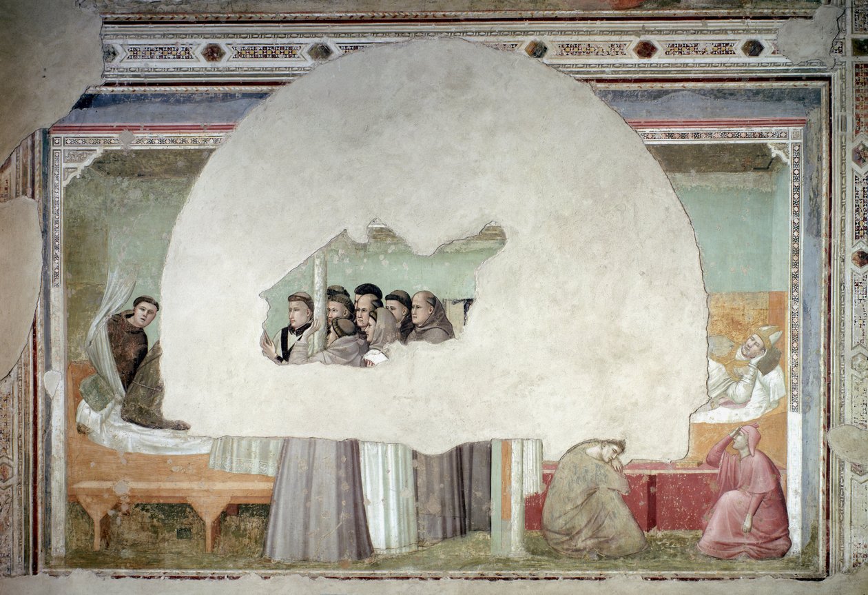 Visions of the ascension of Saint Francis of Assisi: the friar Augustine getting up from his bed whereas the bishop is still lying in the near room, helped by two servants at the foot of the bed- fresco, c. 1325 بواسطة جيوتو (سي 1266 1337)