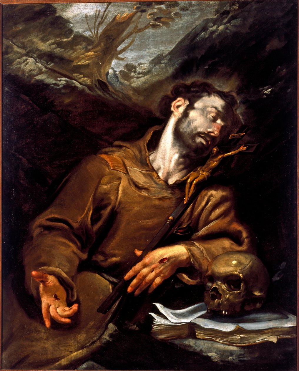 لوحة L'ecstasy de Saint Francois d'Assisi (فانيتا) بواسطة Gioacchino Assereto (1600-1649) جينات القرن السابع عشر ، Galleria di Palazzo Bianco بواسطة جيوفاتشينو أسيريتو