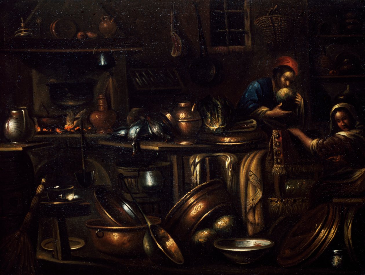 Kitchen interior, painting by Gian Domenico Valentino (1639-1715), Italy بواسطة جيوفان دومينيكو فالنتينو