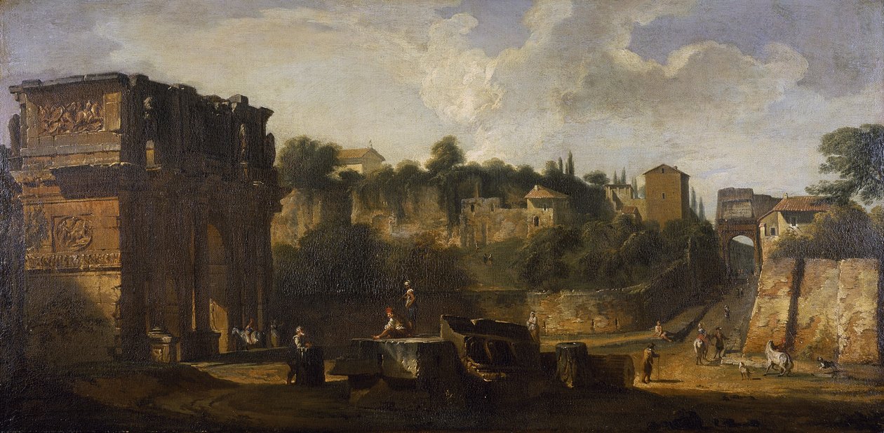 A view of the Arches of Constantine and of Titus, Rome (oil on canvas) بواسطة جيوفاني باولو (Attr. To) Panini