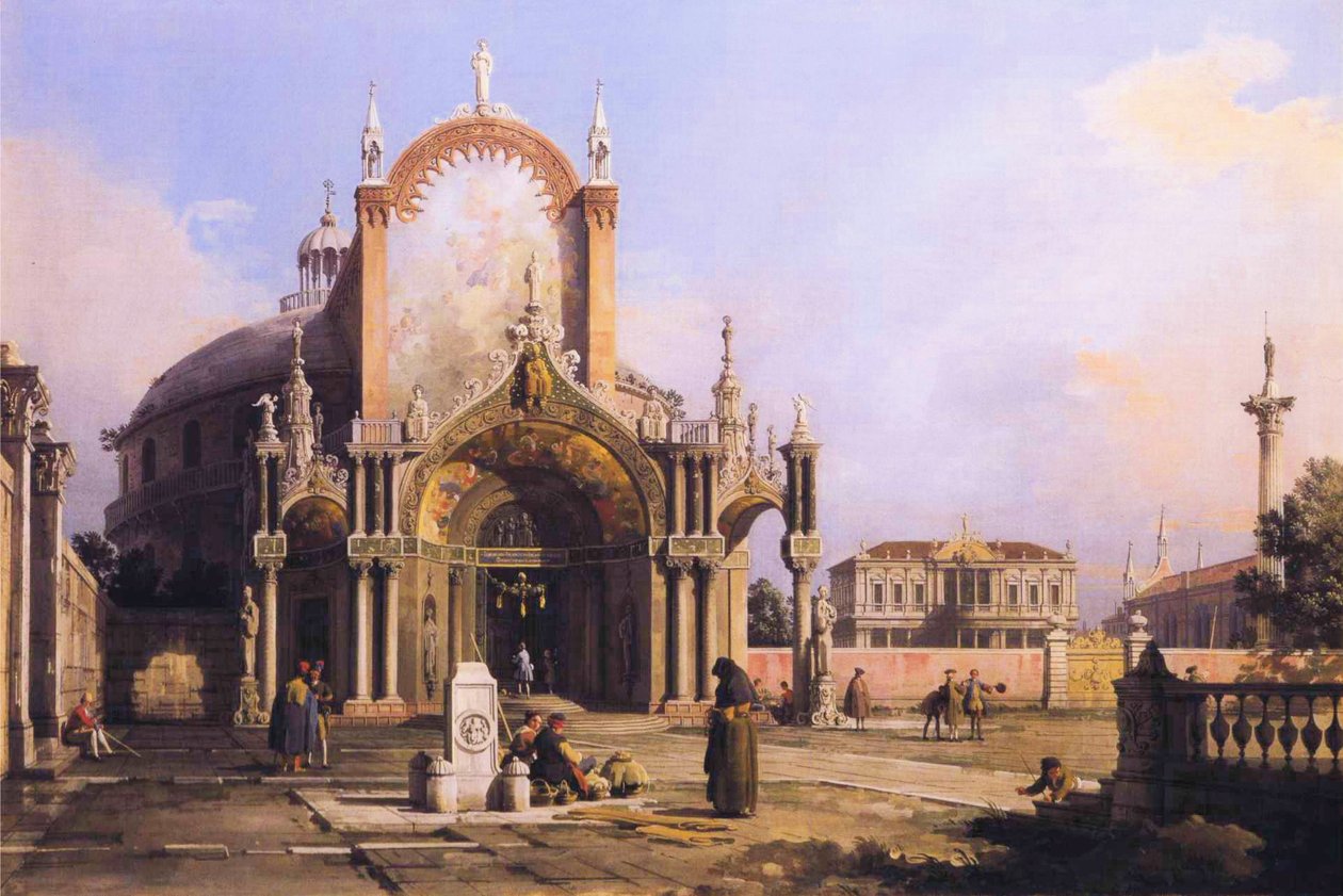 Capriccio من كنيسة مستديرة مع بورتيكو القوطية المتقنة في ساحة ، وساحة Palladian والكنيسة القوطية بعدها. بواسطة قناة جيوفاني أنطونيو (كاناليتو)