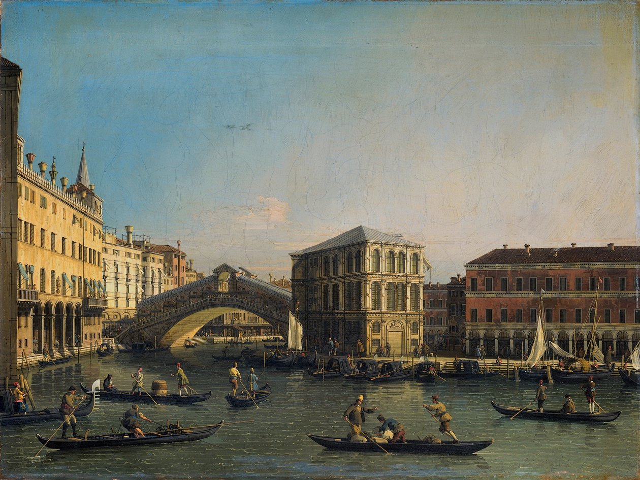 التقى Het Grand Canal de Ponte Rialto en de Fondaco dei Tedeschi بواسطة قناة جيوفاني أنطونيو (كاناليتو)