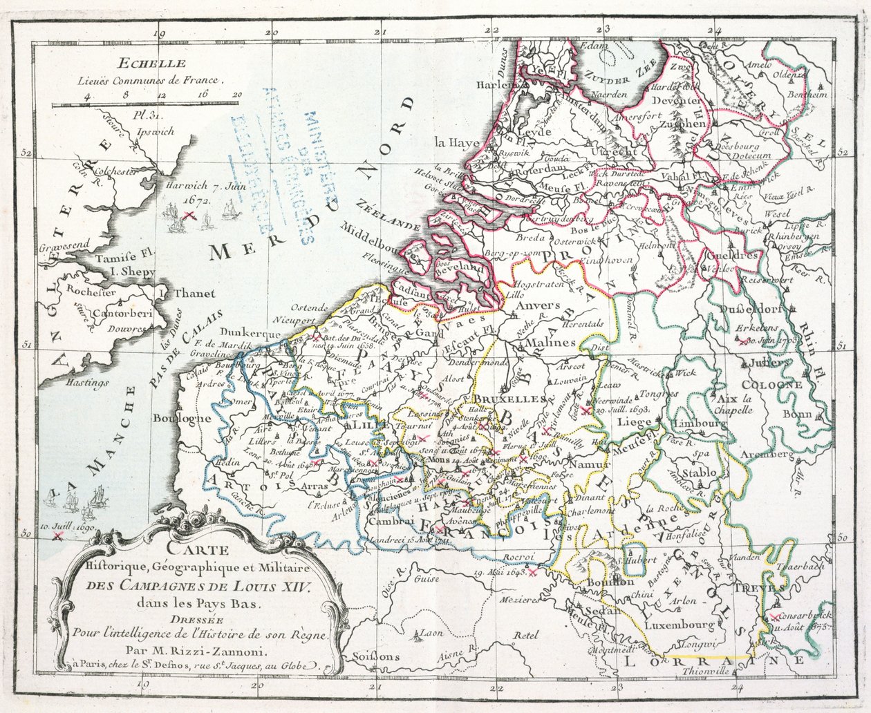 خريطة توضح الحملات العسكرية التي قام بها لويس الرابع عشر في البلدان المنخفضة ، من Atlas géographique et militaire ، المنشورة في باريس ، 1763 (نقش الألوان) بواسطة جيوفاني أنطونيو ريزي زانوني