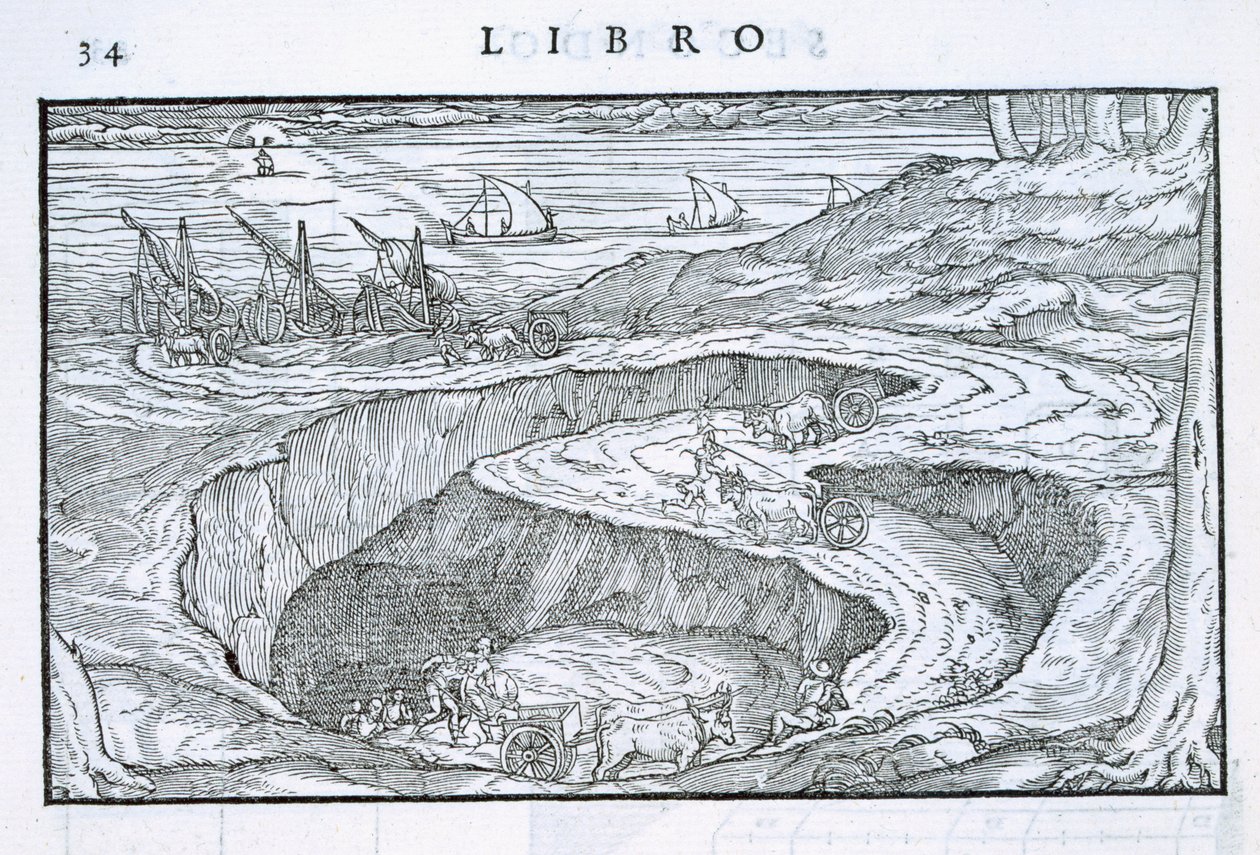 نقل مواد البناء من المحجر إلى السفن ، من "Della Architettura" ، نشر 1590 بواسطة جيوفاني أنطونيو روسكوني