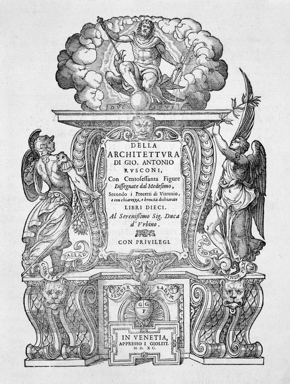 صفحة عنوان &39;Della Architettura&39; ، نُشرت عام 1590 بواسطة جيوفاني أنطونيو روسكوني