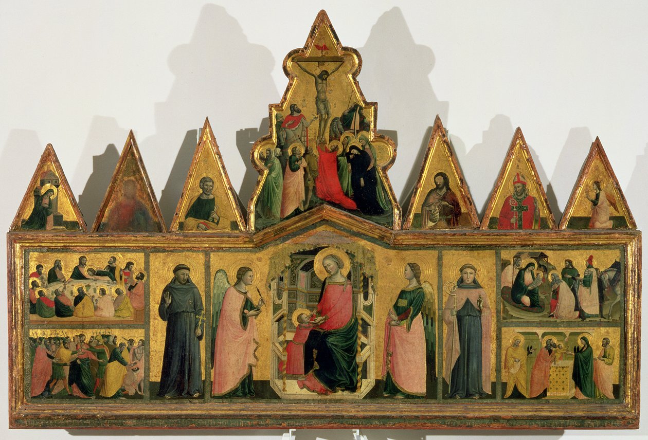 Polyptych: لوحة مركزية تصور مادونا والطفل محاطًا بالملائكة والقديسين محاطين بألواح تصور مشاهد من حياة المسيح ، والتربعات المثلثة التي تصور القديسين والملائكة بواسطة جيوفاني بارونزيو دا ريميني