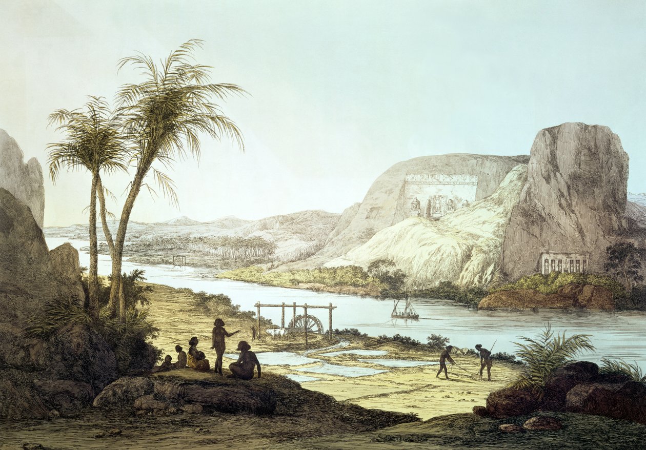 منظر للمعابد في أبو سمبل ، النوبة ، محفور بواسطة أوغسطين أجليو (1777-1857) بواسطة جيوفاني باتيستا بيلزوني