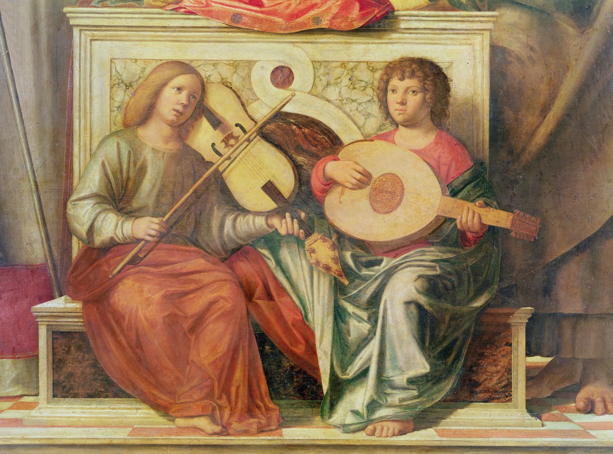 تفاصيل الموسيقيين الملاك من لوحة للعذراء والقديسين ، 1496-1499 بواسطة جيوفاني باتيستا سيما دا كونجليانو