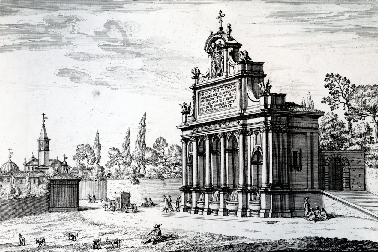 فونتانا ديل أكوا باولا ، من "نوافير روما في الساحات العامة وأماكن المدينة" ، المنشورة بين 1665-1691 بواسطة جيوفاني باتيستا فالدا