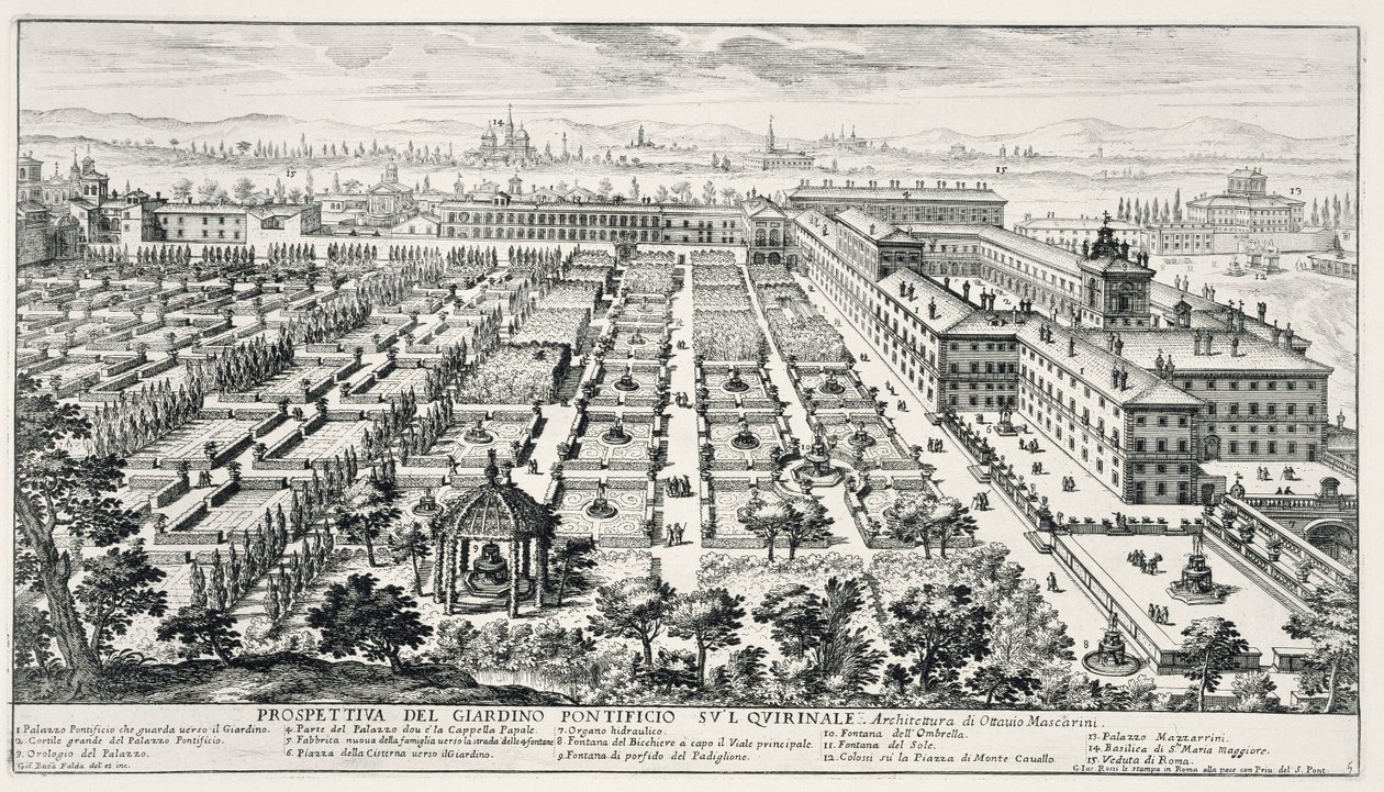 حدائق Quirinale ، من "Li Giardini di Roma" ، تم نشرها عام 1683 (انظر أيضًا 172930) بواسطة جيوفاني باتيستا فالدا