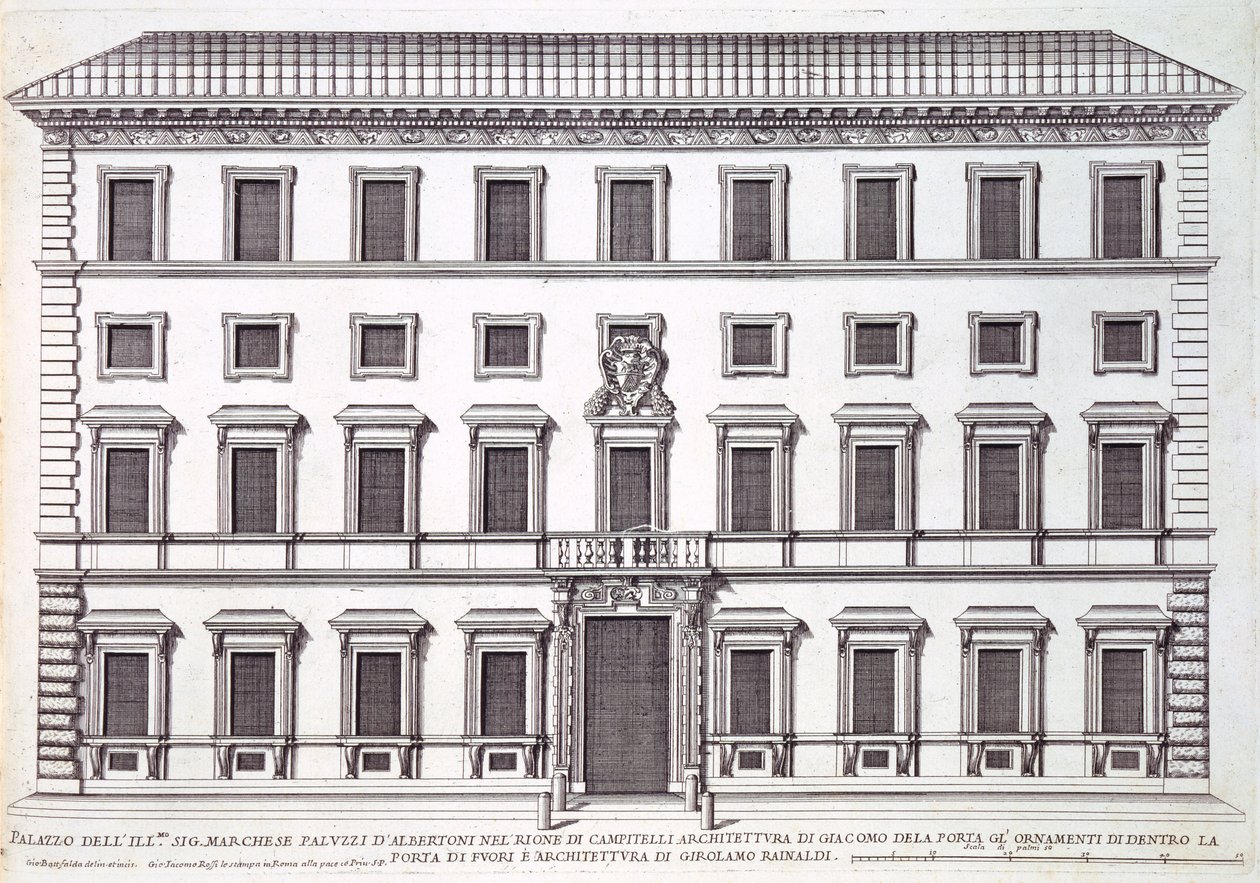 منظر لواجهة Palazzo Marchese ، روما ، صممه جياكومو ديلا بورتا (1538-1602) وجيرولامو رينالدي (1570-1655) بواسطة جيوفاني باتيستا فالدا