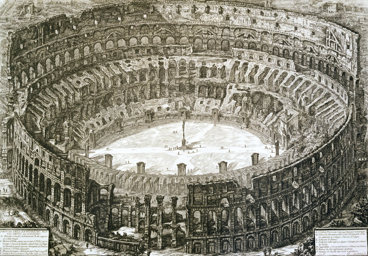 منظر جوي لكولوسيوم في روما من "مناظر روما" ، نُشر لأول مرة عام 1756 ، طبع باريس 1800 بواسطة جيوفاني باتيستا بيرانيسي