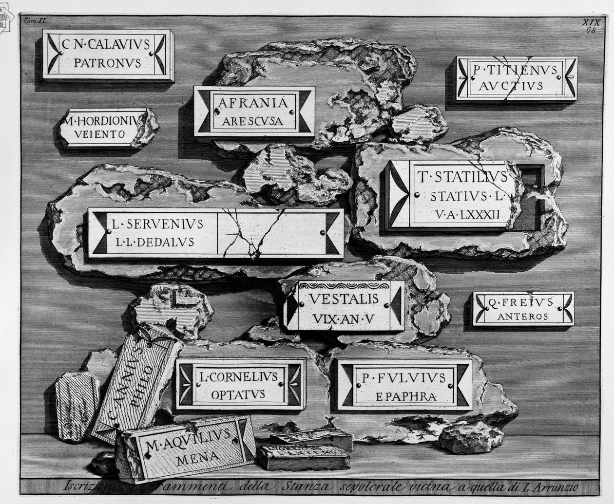 بقايا من غرفة Sepulchral للاستخدام من قبل الفلاسفة في فيلا Magnani ؛ CFR. خطة روما دي بيرانيسي ، لا. 88 بواسطة جيوفاني باتيستا بيرانيسي