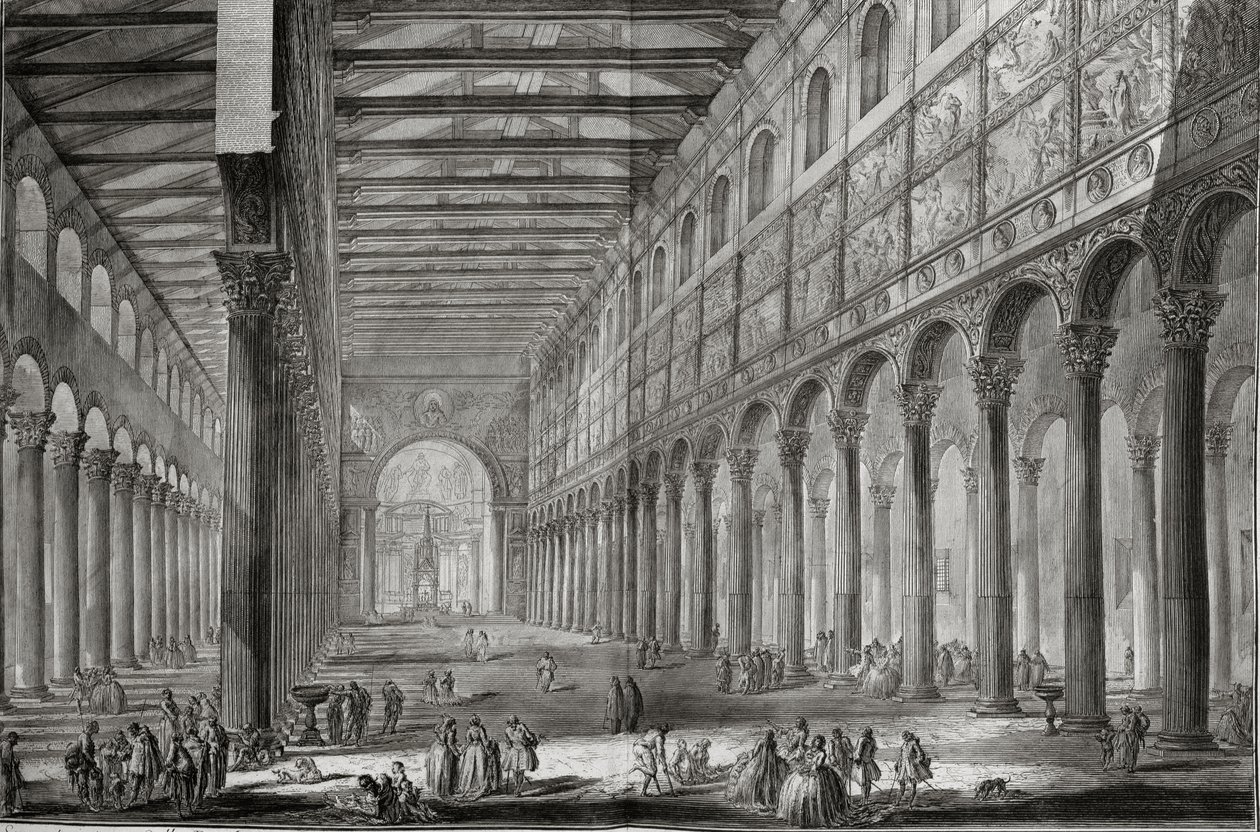 داخل بازيليك سان باولو فووري لو مورا ، روما ، من "Le Antichita Romane de GB Piranesi (1756)" ، نُشر في باريس ، 1835 بواسطة جيوفاني باتيستا بيرانيسي