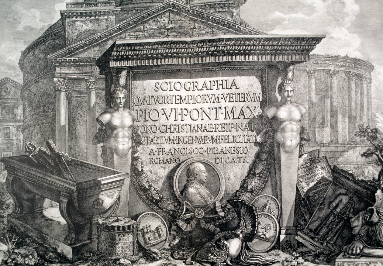 اللوحة LXXIII-IV Capriccio من الآثار والآثار المعمارية ، توضيح للفصل بعنوان "البانثيون والمعابد" من "Vedute" ، نُشر لأول مرة في 1756 ، حانة. بواسطة E und FN Spon Ltd. ، 1900 (engra بواسطة جيوفاني باتيستا بيرانيسي
