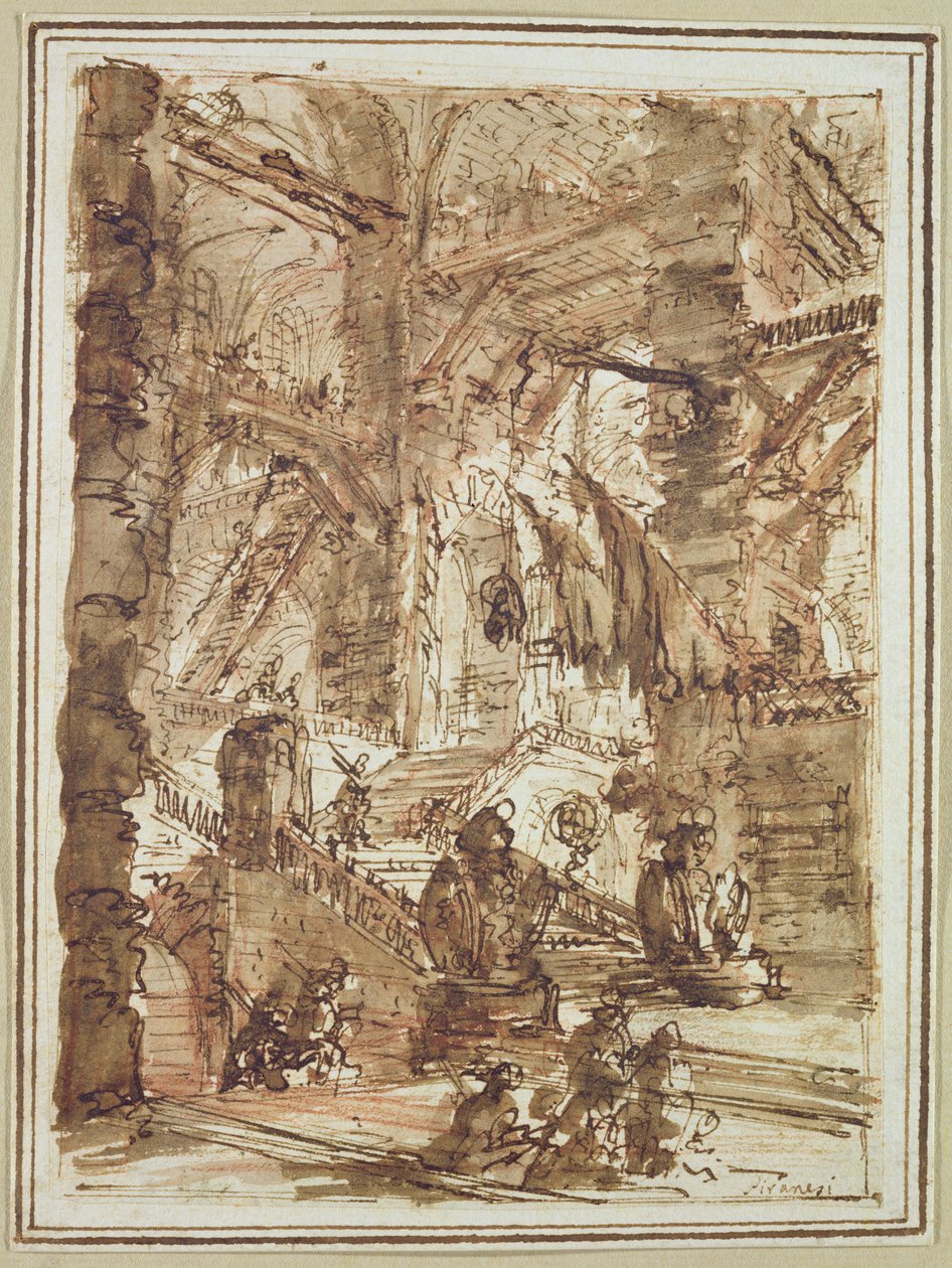 رسم تحضيري للوحة رقم 8 من سلسلة "Carceri al&39;Invenzione" (حبر وغسل على ورق) بواسطة جيوفاني باتيستا بيرانيسي