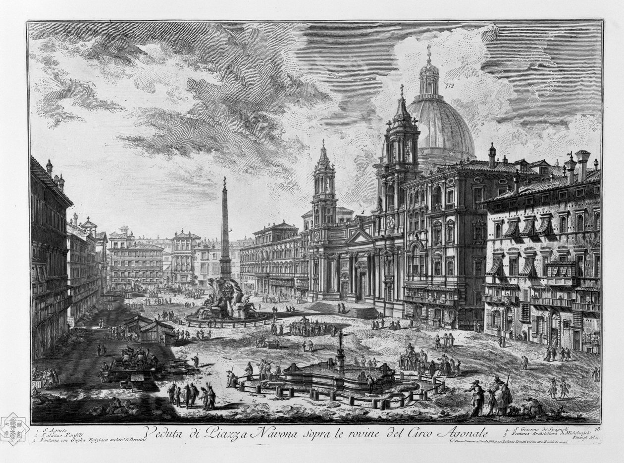 منظر لساحة نافونا فوق أنقاض سيرك Agonal. كنيسة Sant&39;Agnese في نافورة Agone Palazzo Pamphilj مع البرج المصري ، من قبل المهندس المعماري برنيني كنيسة سان جياكومو ديجلي سباجنولي فونتانا ميشيل أنجيلو بواسطة جيوفاني باتيستا بيرانيسي