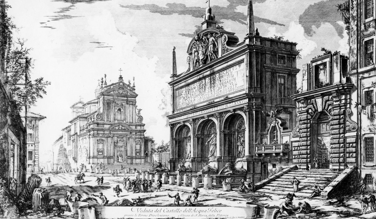 منظر ل Fontana dell&39;Acqua Felice مع كنيسة Santa Maria della Vittoria وراءها ، من سلسلة "Views of Rome" ، ج .1760 بواسطة جيوفاني باتيستا بيرانيسي