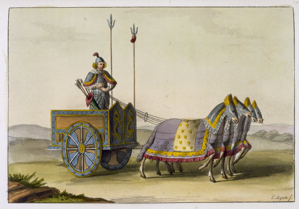 عربة الحرب الصينية القديمة ، من "Le Costume Ancien et Moderne" بقلم جول فيريرو ، نُشرت في 1820s-30s بواسطة جيوفاني بيجاتي