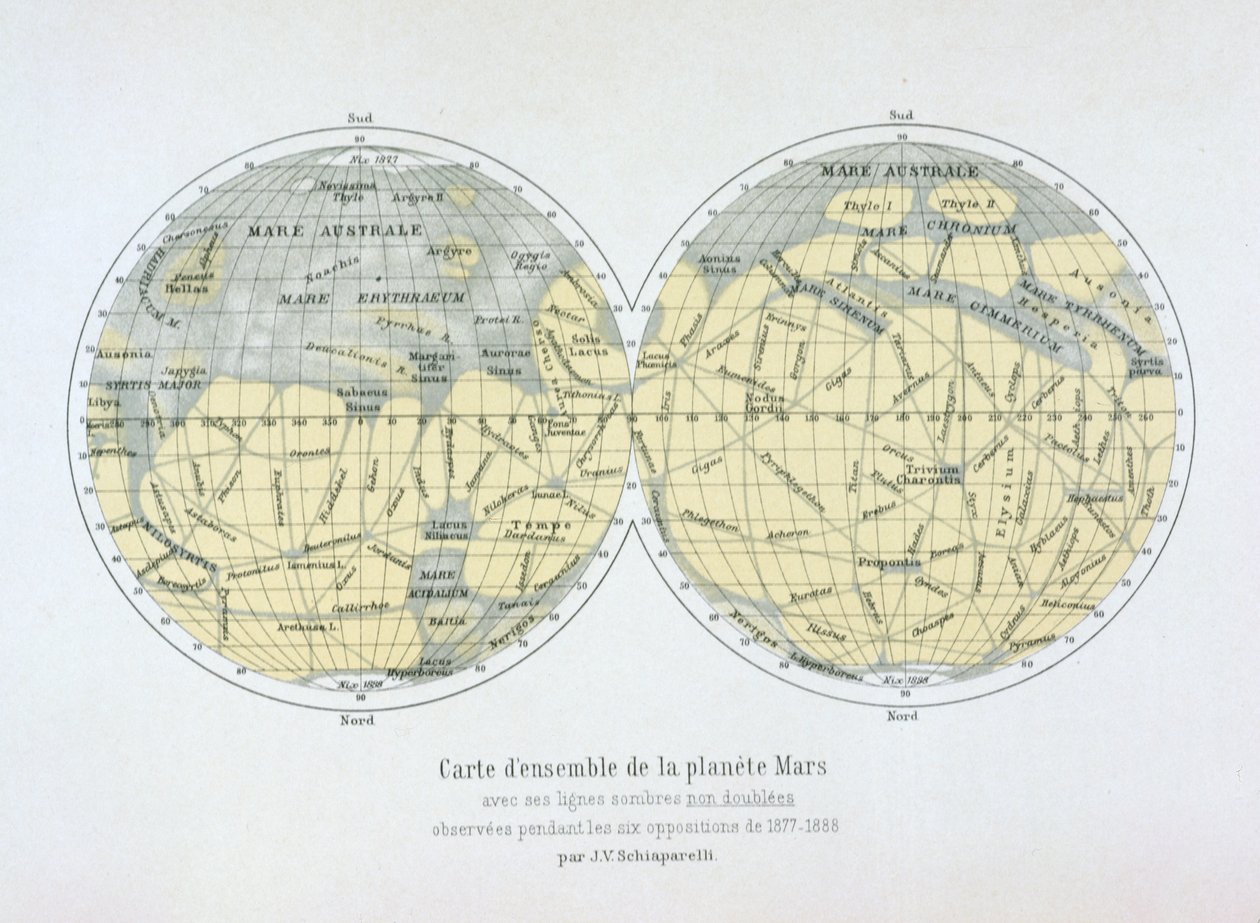 خريطة مجمعة لكوكب المريخ ، من ملاحظات تمت خلال ستة معارضة في 1877-1888 بواسطة جيوفاني شياباريللي