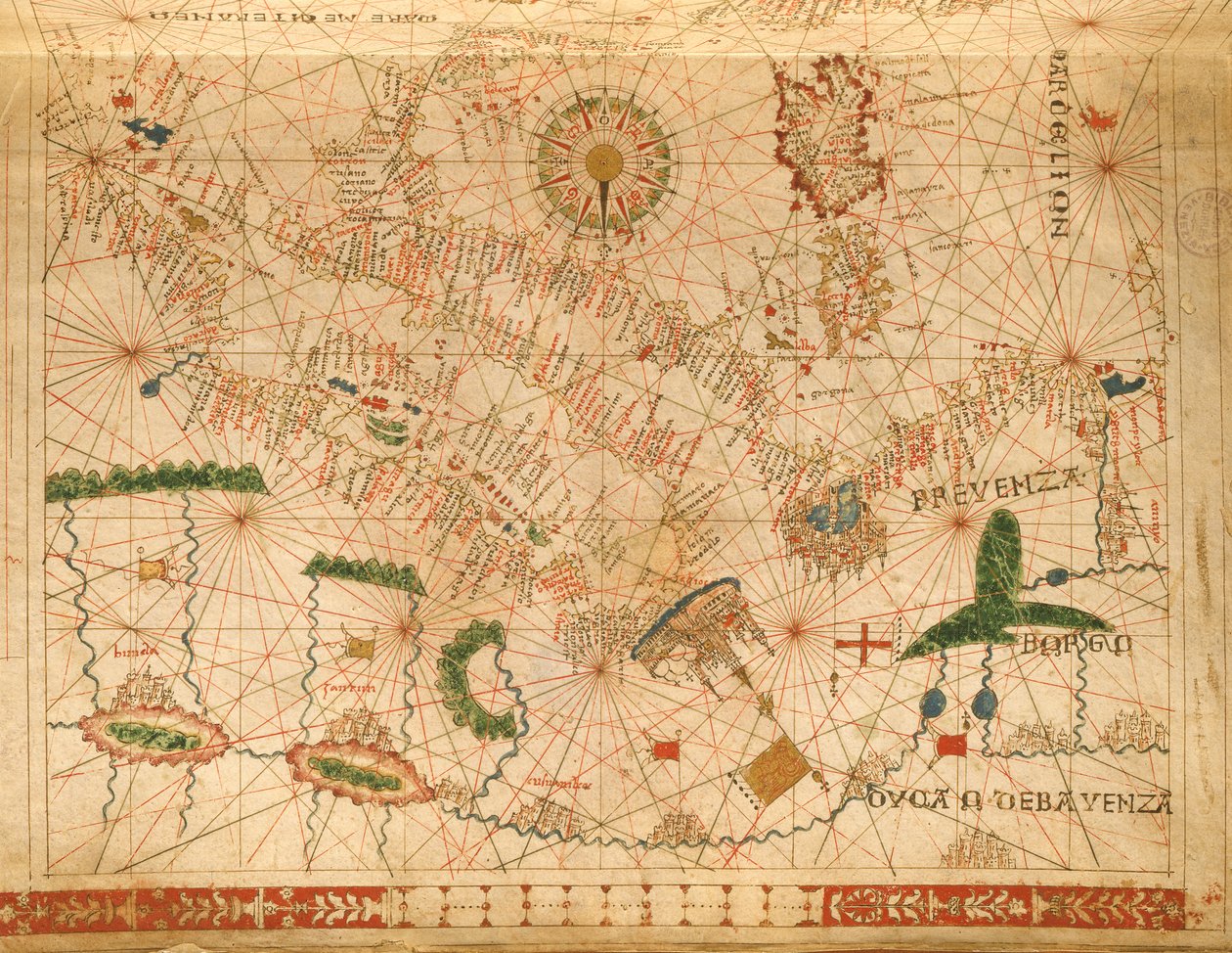 بروفانس وإيطاليا ، من أطلس بحري ، 1520 (حبر على الرق) (التفاصيل من 330915) بواسطة جيوفاني زينودوكس دا كورفو